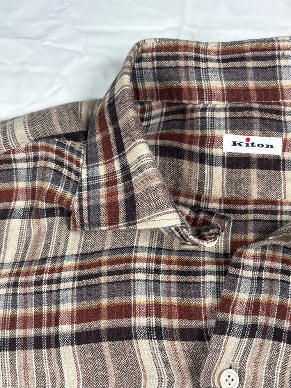 KITON Men's Plaid Button-Up Shirt in Beige and Brown - Picture 5 of 9